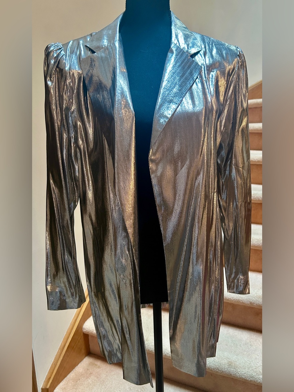 Shimmer Open-Front Metallic Blazer Jacket - Silver, 1980s Disco Vintage